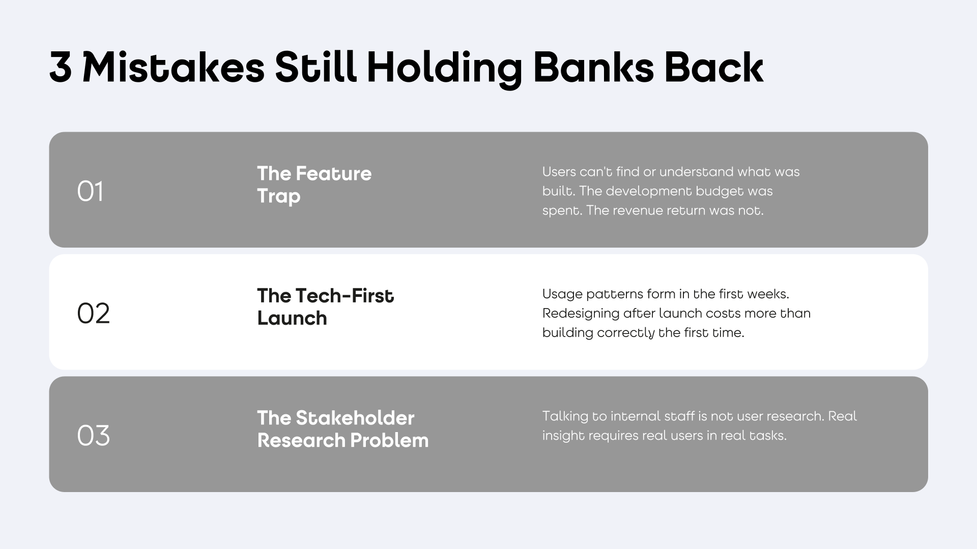 Picture with 3 mistakes that still holding banks back: the feature trap, the tech-first launch, the research problem