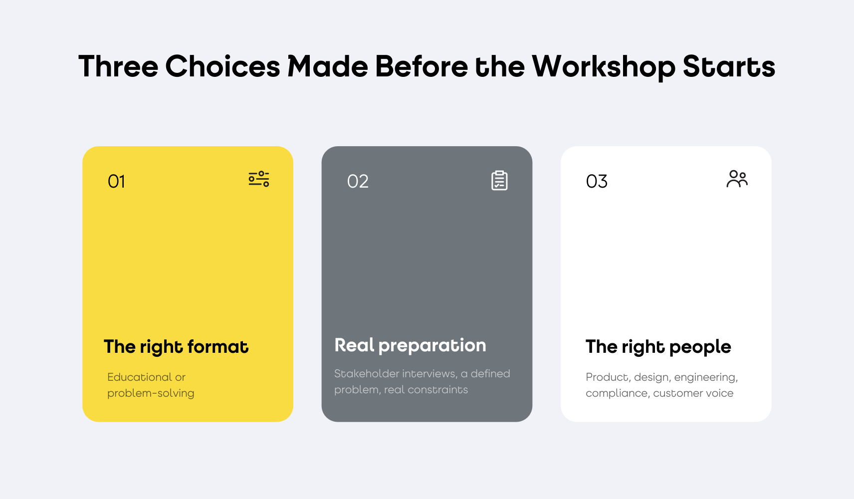 Infographic 5: Three Choices Made Before the Workshop Starts Three choices that decide whether a design thinking workshop pays back: the right format, real preparation and the right people