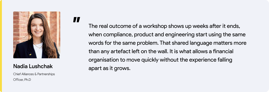 Quote 4, Nadia Nadia Lushchak, Chief Alliances & Partnerships Officer at Qubstudio, on the long-term outcome of a design thinking workshop